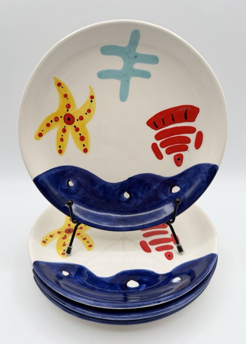 Gaetano California Pottery Beach Theme Salad Plates 8” Starfish Fish Ocean 4pc
